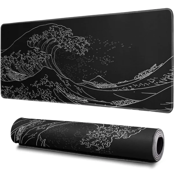 Large Gaming Mouse Pad  Japan Black Sea Wave Mousepads With Non Slip Rubber Base Mouse Mat