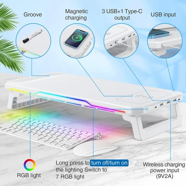Computer Monitor Height Stand with USB Docking Station HUB Wireless Charging RGB